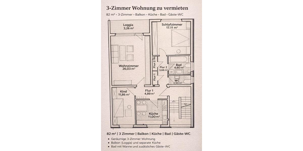 Etagenwohnung Moers - 3 Zimmer, 82 m&sup2;, 820&euro; | Angebot:25408473