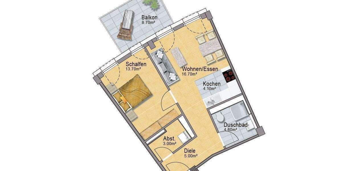 Etagenwohnung Düsseldorf Grafenberg - 2 Zimmer, 51 m&sup2;, 895&euro; | Angebot:25837767