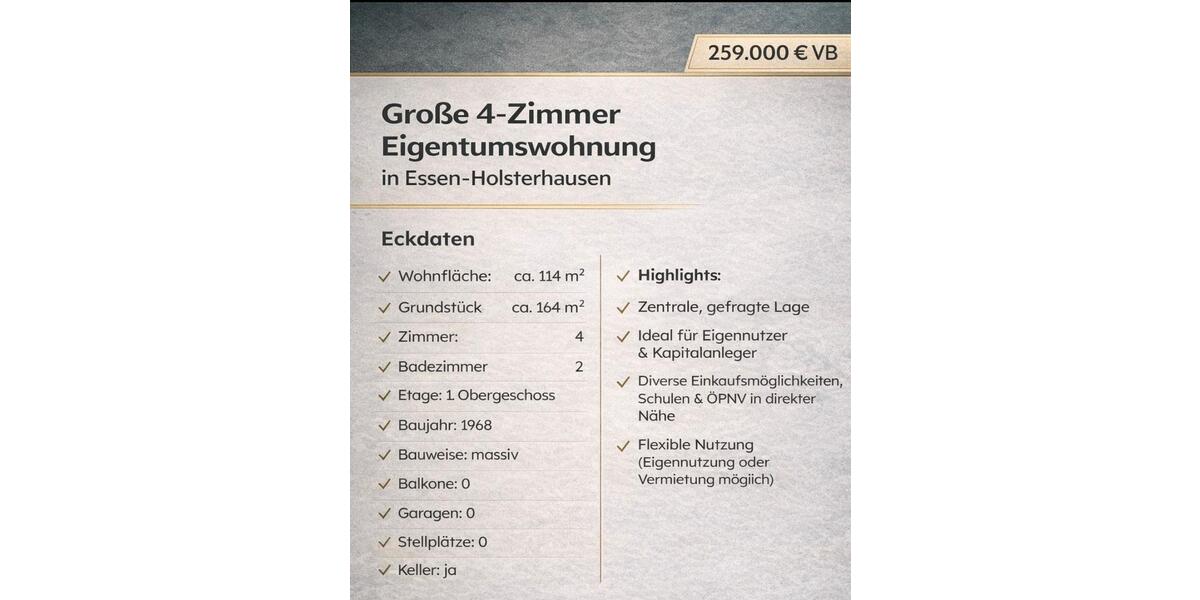 Etagenwohnung Essen Stadtbezirk III - 4 Zimmer, 114 m&sup2;, 259.000&euro; | Angebot:25948313