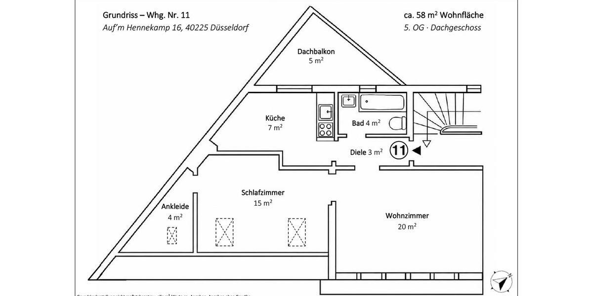Dachgeschoßwohnung Düsseldorf Stadtbezirk 3 - 2 Zimmer, 58 m&sup2;, 219.000&euro; | Angebot:27269765